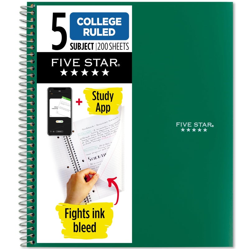 Five Star Spiral Notebook + Study App, 5 Subject, College Ruled Paper, 8-1/2" x 11", 200 Sheets, Fights Ink Bleed, Water Resistant Cover, Forest Green (72079) - Image 1